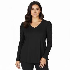 Chico's Puff Sleeve V-Neck Cotton Modal Top Womens XL Black Feminine Coquette